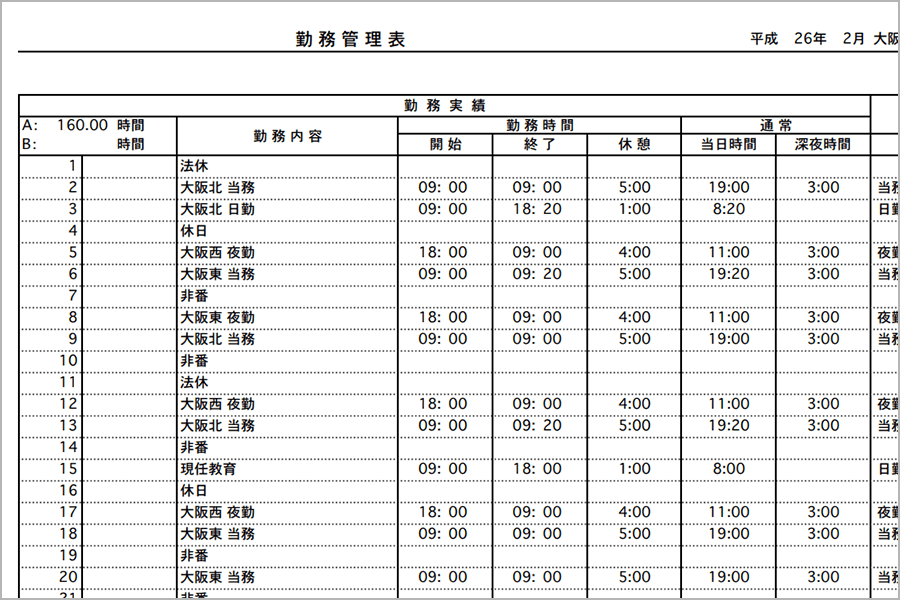 勤務計画実績表（正社員）